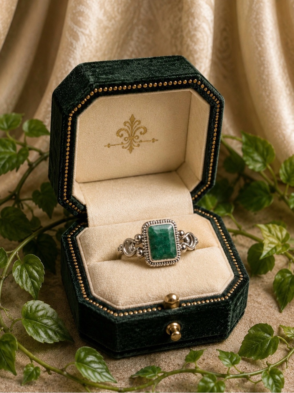 Ring 925 Sterling Silver Vintage-Inspired Emerald Gemstone Solitaire Emerald Cut